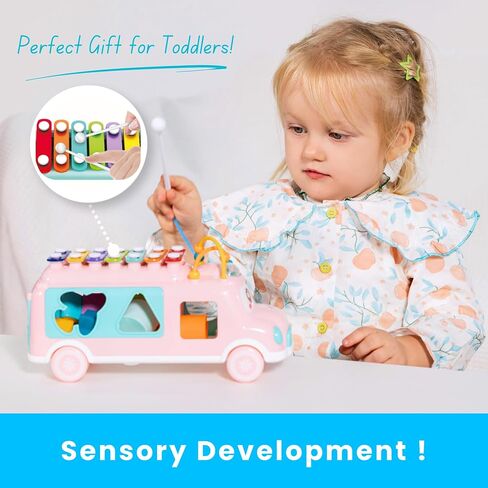 PlenPLAY Interactive Musical Bus Toy for Toddlers - Xylophone, Abacus, Shape Sorter, and Push/Pull & Go Feature - Perfect Educational Gift for Toddlers 1-3 (Blue) in Saudi Arabia