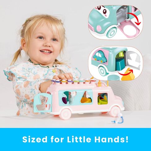 PlenPLAY Interactive Musical Bus Toy for Toddlers - Xylophone, Abacus, Shape Sorter, and Push/Pull & Go Feature - Perfect Educational Gift for Toddlers 1-3 (Blue) in Saudi Arabia