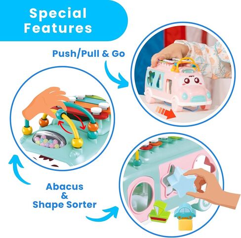PlenPLAY Interactive Musical Bus Toy for Toddlers - Xylophone, Abacus, Shape Sorter, and Push/Pull & Go Feature - Perfect Educational Gift for Toddlers 1-3 (Blue) in Saudi Arabia