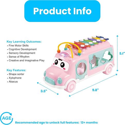 PlenPLAY Interactive Musical Bus Toy for Toddlers - Xylophone, Abacus, Shape Sorter, and Push/Pull & Go Feature - Perfect Educational Gift for Toddlers 1-3 (Blue) in Saudi Arabia