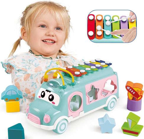 PlenPLAY Interactive Musical Bus Toy for Toddlers - Xylophone, Abacus, Shape Sorter, and Push/Pull & Go Feature - Perfect Educational Gift for Toddlers 1-3 (Blue) in Kuwait