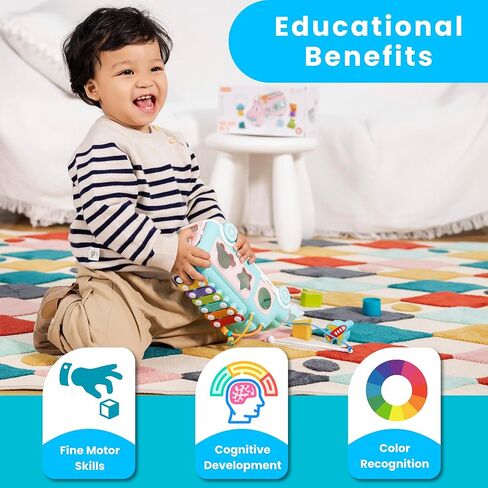 PlenPLAY Interactive Musical Bus Toy for Toddlers - Xylophone, Abacus, Shape Sorter, and Push/Pull & Go Feature - Perfect Educational Gift for Toddlers 1-3 (Blue) in Kuwait