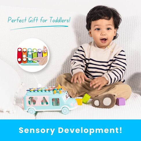 PlenPLAY Interactive Musical Bus Toy for Toddlers - Xylophone, Abacus, Shape Sorter, and Push/Pull & Go Feature - Perfect Educational Gift for Toddlers 1-3 (Blue) in Kuwait
