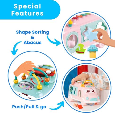 PlenPLAY Interactive Musical Bus Toy for Toddlers - Xylophone, Abacus, Shape Sorter, and Push/Pull & Go Feature - Perfect Educational Gift for Toddlers 1-3 (Blue) in Kuwait