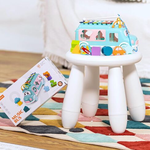 PlenPLAY Interactive Musical Bus Toy for Toddlers - Xylophone, Abacus, Shape Sorter, and Push/Pull & Go Feature - Perfect Educational Gift for Toddlers 1-3 (Blue) in Kuwait