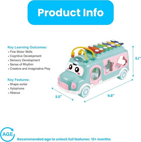 PlenPLAY Interactive Musical Bus Toy for Toddlers - Xylophone, Abacus, Shape Sorter, and Push/Pull & Go Feature - Perfect Educational Gift for Toddlers 1-3 (Blue) in Kuwait