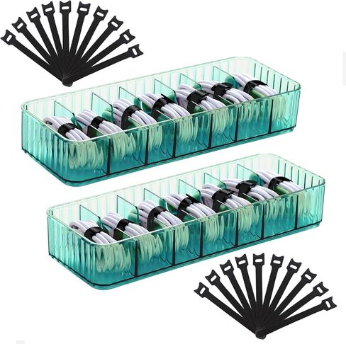 عبوتان من منظم الشاحن الشفاف، صندوق منظم سلك الشحن الشفاف مع 20 قطعة من روابط الكابلات و6 حجرات in Kuwait