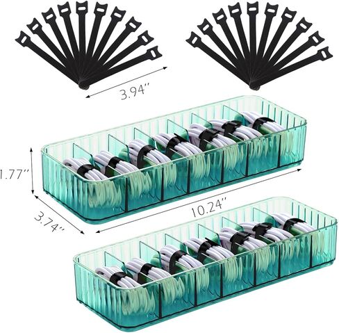 عبوتان من منظم الشاحن الشفاف، صندوق منظم سلك الشحن الشفاف مع 20 قطعة من روابط الكابلات و6 حجرات in Kuwait