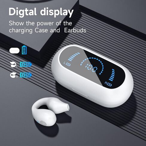 Open Ear Headphones,Wireless Bluetooth Earbuds,Sport Earbuds,Bluetooth 5.2 Clip-on Earphones,32 Hours Playtime with Case, Workout Headphones (Pure White, LED Display) in Saudi Arabia