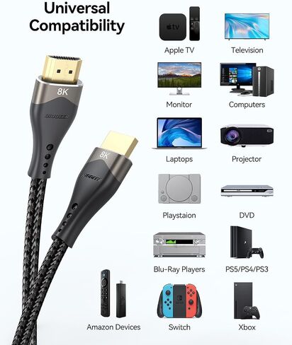 10K 8K HDMI Cable 5FT, Ultra High Speed HDMI to HDMI Cable 2.1 HDMI Cord 5 Feet 8K@60Hz, 4K@120Hz/144Hz, eARC, HDR10+, 3D, HDCP2.3 for Monitor, PS5, Roku TV, SoundBar, Blu-ray, Laptop, HDTV in Saudi Arabia