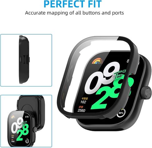 حافظة مكونة من قطعتين لساعة Redmi Watch 4، غطاء صلب من البولي كربونات عالي الدقة وواقي شاشة مقوى فائق النحافة ومضاد للخدش وتغطية كاملة لساعة Redmi Watch 4 الذكية، أسود in Kuwait