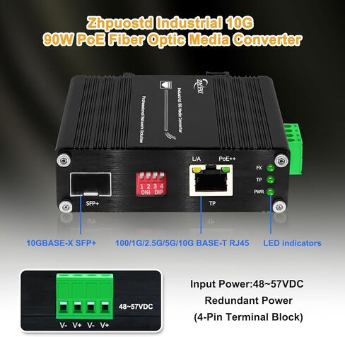محول وسائط ألياف بصرية 10 جيجا 90 وات PoE SFP+ صناعي، POE+ + جهاز إرسال واستقبال ألياف بصرية غير مُدار، IEEE802.3af/at/bt، سكة DIN، 48-57 فولت تيار مستمر، (-40 درجة فهرنهايت إلى 167 درجة فهرنهايت) in Kuwait
