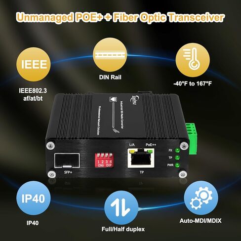 محول وسائط ألياف بصرية 10 جيجا 90 وات PoE SFP+ صناعي، POE+ + جهاز إرسال واستقبال ألياف بصرية غير مُدار، IEEE802.3af/at/bt، سكة DIN، 48-57 فولت تيار مستمر، (-40 درجة فهرنهايت إلى 167 درجة فهرنهايت) in Kuwait