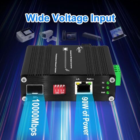 محول وسائط ألياف بصرية 10 جيجا 90 وات PoE SFP+ صناعي، POE+ + جهاز إرسال واستقبال ألياف بصرية غير مُدار، IEEE802.3af/at/bt، سكة DIN، 48-57 فولت تيار مستمر، (-40 درجة فهرنهايت إلى 167 درجة فهرنهايت) in Kuwait