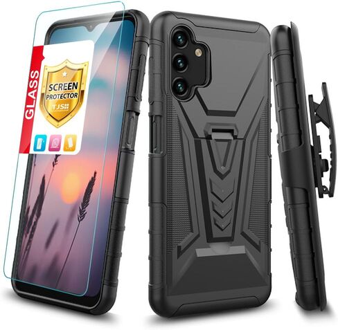 TJS Compatible for Samsung Galaxy A14 5G Case, with Tempered Glass Screen Protector, Belt Clip Holster Hybrid Kickstand Heavy Duty Drop Protector Cover Phone Case (Black) in Saudi Arabia
