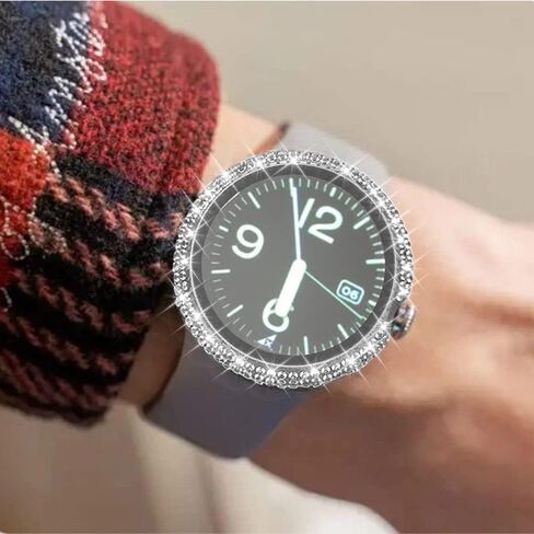 Compatible for Google Pixel Watch Case Full Diamond Hard PC Plating Bumper with Tempered Glass Screen Protector Bling Crystal Diamonds Shiny Glitter Frame Case Cover for Google Pixel Watch (Black) in Saudi Arabia