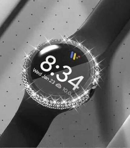 Compatible for Google Pixel Watch Case Full Diamond Hard PC Plating Bumper with Tempered Glass Screen Protector Bling Crystal Diamonds Shiny Glitter Frame Case Cover for Google Pixel Watch (Black) in Saudi Arabia