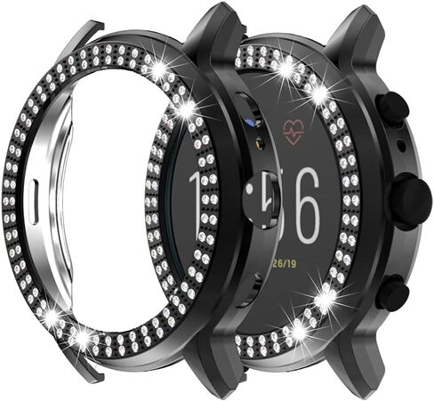 Compatible for Fossil Gen 5 Carlyle Double Row Diamond PC Plating Bumper Case Bling Crystal Diamonds Shiny Glitter Frame Hard Protective Cover for Fossil Gen5 Carlyle Watch (Black) in Saudi Arabia