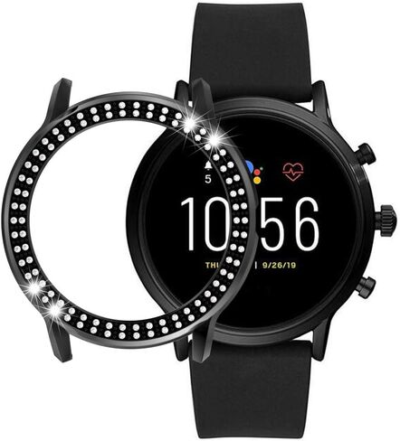 Compatible for Fossil Gen 5 Carlyle Double Row Diamond PC Plating Bumper Case Bling Crystal Diamonds Shiny Glitter Frame Hard Protective Cover for Fossil Gen5 Carlyle Watch (Black) in Saudi Arabia