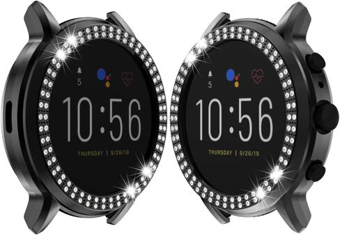 Compatible for Fossil Gen 5 Carlyle Double Row Diamond PC Plating Bumper Case Bling Crystal Diamonds Shiny Glitter Frame Hard Protective Cover for Fossil Gen5 Carlyle Watch (Black) in Saudi Arabia