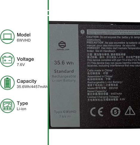 6WVHD 451-BDDY Laptop Battery Replacement for Dell Latitude 7230 Rugged Extreme Tablet T06H T06H001 Series Notebook FNW8F 0VDDJY VDDJY 0JM6CX JM6CX 7.6V 35.6Wh 4457mAh in Saudi Arabia