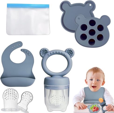 Baby Fruit Feeder &silicone baby feeding set ，Baby Fruit Food Feeder Teether Tray，BPA Free Teething Toys for Safe Infant Self Feeding，Match with a baby bib，2 Extra Pouches(Blue) in Saudi Arabia