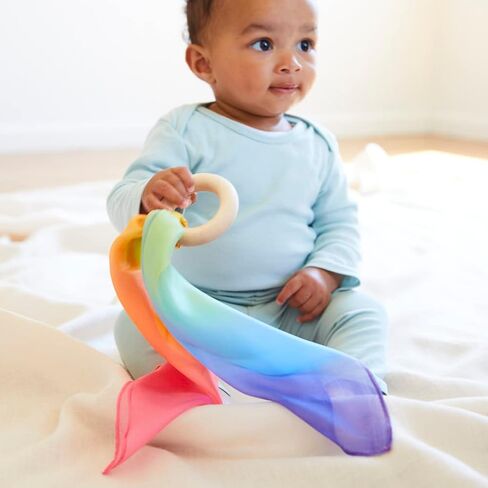 Sarah's Silks Silk and Wood Baby Teether Toy for Babies 3 Months and Older - Rainbow in Kuwait