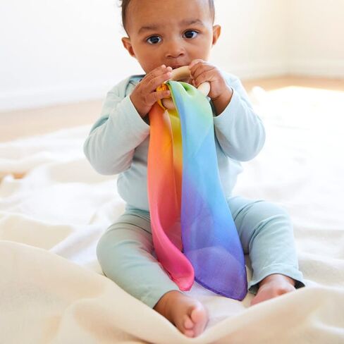Sarah's Silks Silk and Wood Baby Teether Toy for Babies 3 Months and Older - Rainbow in Kuwait