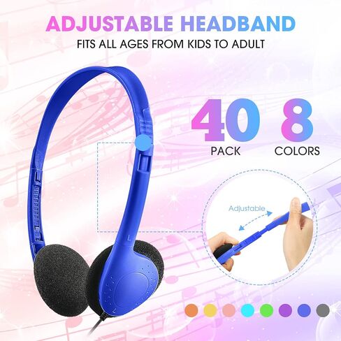 Chumia 40 Pack Class Set Headphones for Kids Students School Earphones On Ear Bulk Classroom Headsets Adjustable with 3.5 mm Headphone Plug for Children Boys Girls Adults, Office Supplies, Colored in Saudi Arabia