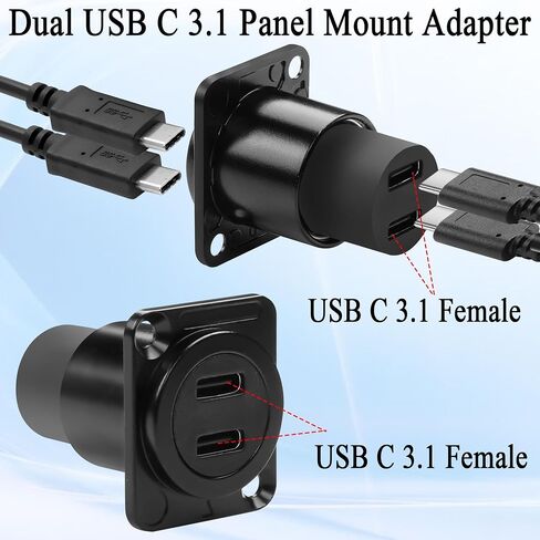 QIANRENON Dual USB C 3.1 Panel Mount Adapter 10Gbps 2 USB Type C Female to Female Fixed Mount Data Charging Connector Dual Type C 3.1 Feedthrough Bulkhead Mount Socket, Mount on D Type/XLR Panel in Saudi Arabia