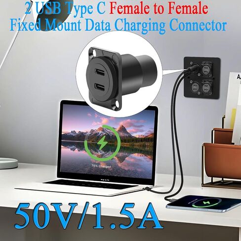 QIANRENON Dual USB C 3.1 Panel Mount Adapter 10Gbps 2 USB Type C Female to Female Fixed Mount Data Charging Connector Dual Type C 3.1 Feedthrough Bulkhead Mount Socket, Mount on D Type/XLR Panel in Saudi Arabia