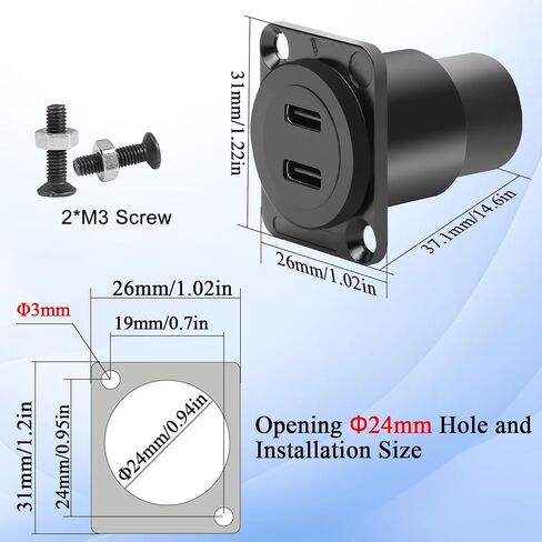 QIANRENON Dual USB C 3.1 Panel Mount Adapter 10Gbps 2 USB Type C Female to Female Fixed Mount Data Charging Connector Dual Type C 3.1 Feedthrough Bulkhead Mount Socket, Mount on D Type/XLR Panel in Saudi Arabia