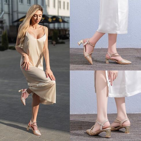 DADAWEN المرأة Slingback منخفضة حذاء بكعب سميك مغلق بمقدمة مدببة حجر الراين حزام الكاحل فستان حفلات الزفاف حذاء بكعب in Kuwait