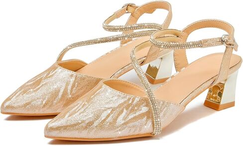 DADAWEN المرأة Slingback منخفضة حذاء بكعب سميك مغلق بمقدمة مدببة حجر الراين حزام الكاحل فستان حفلات الزفاف حذاء بكعب in Kuwait