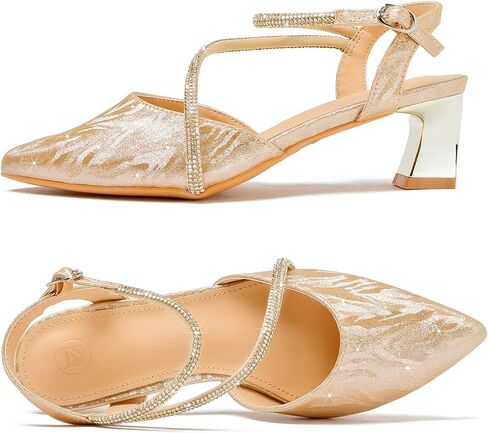 DADAWEN المرأة Slingback منخفضة حذاء بكعب سميك مغلق بمقدمة مدببة حجر الراين حزام الكاحل فستان حفلات الزفاف حذاء بكعب in Kuwait