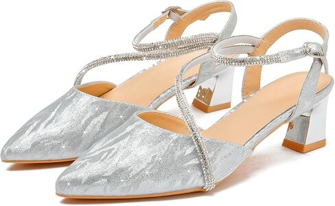 DADAWEN المرأة Slingback منخفضة حذاء بكعب سميك مغلق بمقدمة مدببة حجر الراين حزام الكاحل فستان حفلات الزفاف حذاء بكعب in Kuwait
