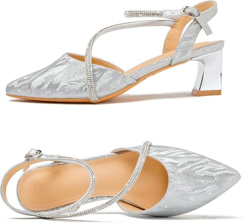 DADAWEN المرأة Slingback منخفضة حذاء بكعب سميك مغلق بمقدمة مدببة حجر الراين حزام الكاحل فستان حفلات الزفاف حذاء بكعب in Kuwait