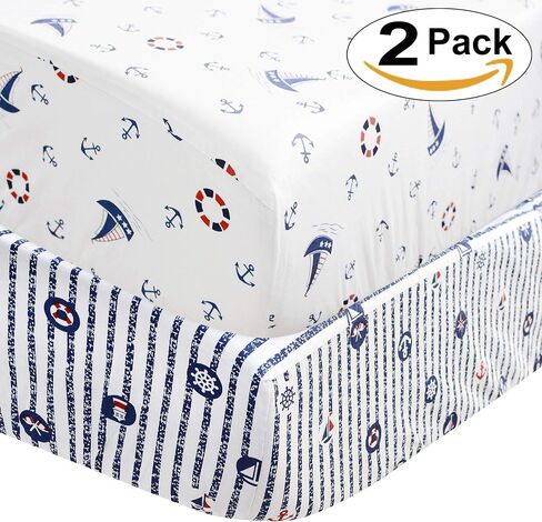 طقم سرير أطفال من براندريم للأولاد، طقم سرير أطفال للأولاد على شكل مرساة المحيط الساحلي مع عبوتين من ملاءات سرير الأطفال، باللون الأبيض والأزرق الداكن، 4 قطع بتصميم شراعي بعيدًا in Saudi Arabia
