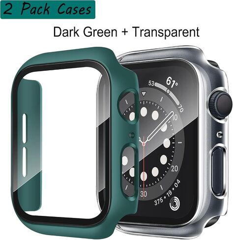 Anlinser 2 Pack Hard Cases Compatible for Apple Watch Case 44mm SE/Series 6/Series 5/Series 4 with Tempered Glass Screen Protector, Full Protective Cover for iWatch (Dark Green + Transparent) in Saudi Arabia