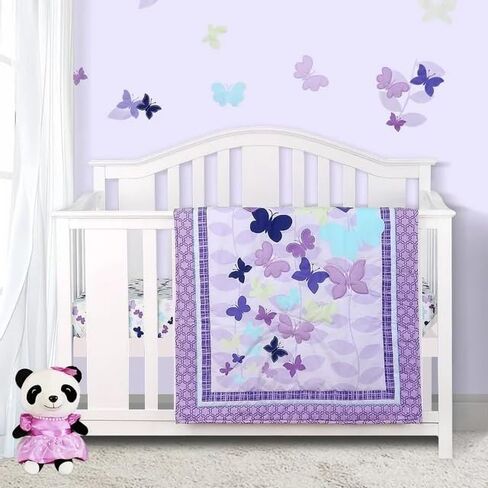 3 Piece Cotton Butterfly Crib Bedding Set,Purple Crib Set for Baby Girls,Microfiber Printed Nursery Bedding Set with Comforter/Crib Sheet/Pillowcase, 009203 in Saudi Arabia
