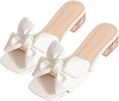 GORGLITTER Women's Bow Heeled Sandals Low Heel PU Leather Open Toe Chunky Dressy Summer Flat Sandals in Saudi Arabia