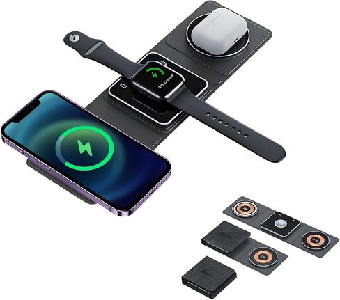 شاحن لاسلكي 3 في 1، محطة شحن لاسلكية Qumox للسفر المغناطيسي لأجهزة متعددة، محطة شحن 3 في 1، متوافقة مع iPhone15/14/13/12/Pro/Max، iWatch، AirPods 3/2/Pro in Kuwait