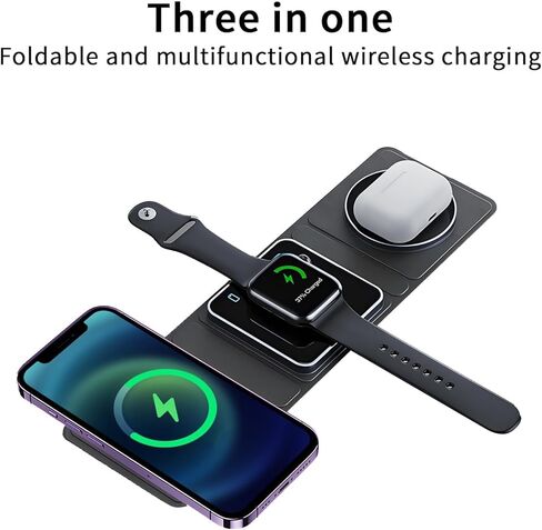 شاحن لاسلكي 3 في 1، محطة شحن لاسلكية Qumox للسفر المغناطيسي لأجهزة متعددة، محطة شحن 3 في 1، متوافقة مع iPhone15/14/13/12/Pro/Max، iWatch، AirPods 3/2/Pro in Kuwait