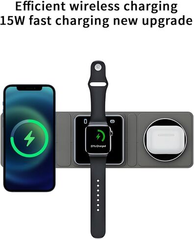 شاحن لاسلكي 3 في 1، محطة شحن لاسلكية Qumox للسفر المغناطيسي لأجهزة متعددة، محطة شحن 3 في 1، متوافقة مع iPhone15/14/13/12/Pro/Max، iWatch، AirPods 3/2/Pro in Kuwait