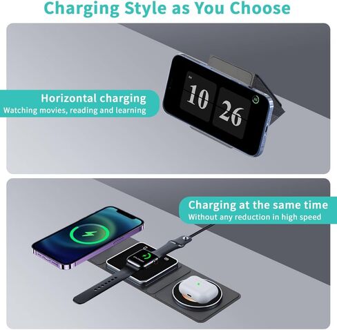 شاحن لاسلكي 3 في 1، محطة شحن لاسلكية Qumox للسفر المغناطيسي لأجهزة متعددة، محطة شحن 3 في 1، متوافقة مع iPhone15/14/13/12/Pro/Max، iWatch، AirPods 3/2/Pro in Kuwait