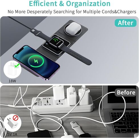 شاحن لاسلكي 3 في 1، محطة شحن لاسلكية Qumox للسفر المغناطيسي لأجهزة متعددة، محطة شحن 3 في 1، متوافقة مع iPhone15/14/13/12/Pro/Max، iWatch، AirPods 3/2/Pro in Kuwait