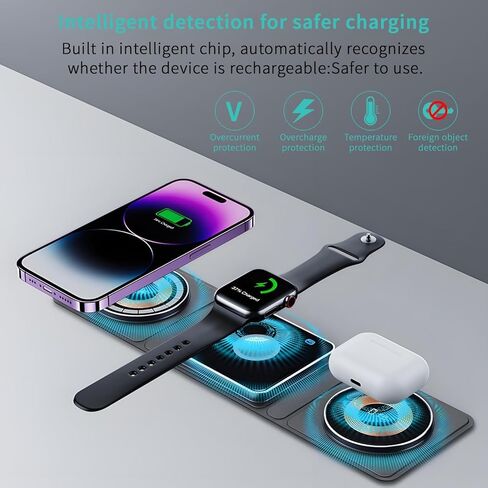 شاحن لاسلكي 3 في 1، محطة شحن لاسلكية Qumox للسفر المغناطيسي لأجهزة متعددة، محطة شحن 3 في 1، متوافقة مع iPhone15/14/13/12/Pro/Max، iWatch، AirPods 3/2/Pro in Kuwait