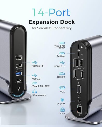 محطة إرساء USB C شاشة مزدوجة، محطة إرساء كمبيوتر محمول Baseus 14 في 1 مع 2 * 4K HDMI + VGA + 1000M LAN + 6 * منافذ USB A/C + 100W PD + صوت، قاعدة USB C متوافقة مع MacBook/Dell/HP /لينوفو/ستيم ديك in Kuwait