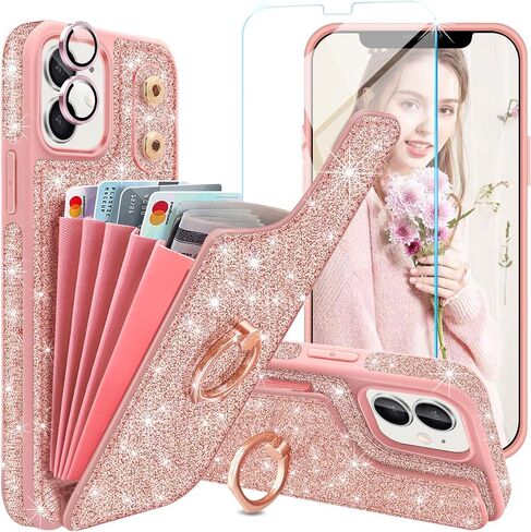 for iPhone 11 Phone Case Wallet,[with 5 Card Holder & 360°Ring Stand] [Screen Protector+Camera Lens Protector] Glitter PU Leather Card Slots Case Cute Flip Phone Cover for iPhone 11,Rose Gold in Saudi Arabia
