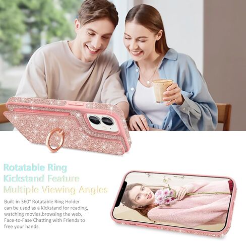 for iPhone 11 Phone Case Wallet,[with 5 Card Holder & 360°Ring Stand] [Screen Protector+Camera Lens Protector] Glitter PU Leather Card Slots Case Cute Flip Phone Cover for iPhone 11,Rose Gold in Saudi Arabia